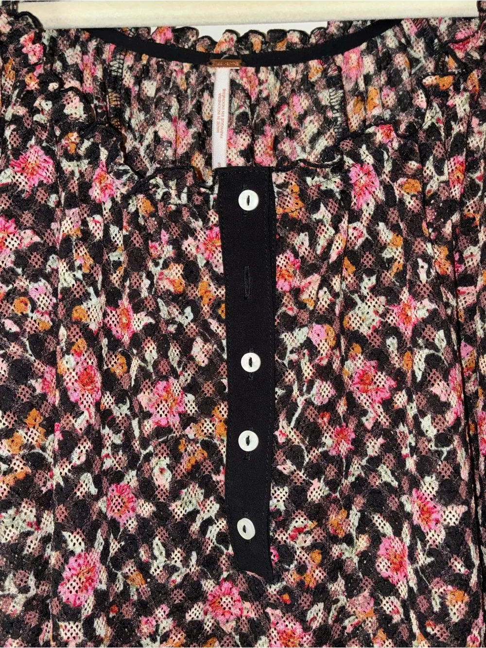 Free People Astra Peasant Top Black Pink Floral Puff Sleeve Sz S